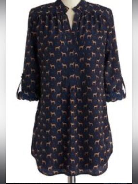 Fun 2 Fun Navy Dog Print Roll Tab Blouse Size Medium Cute Puppy Top